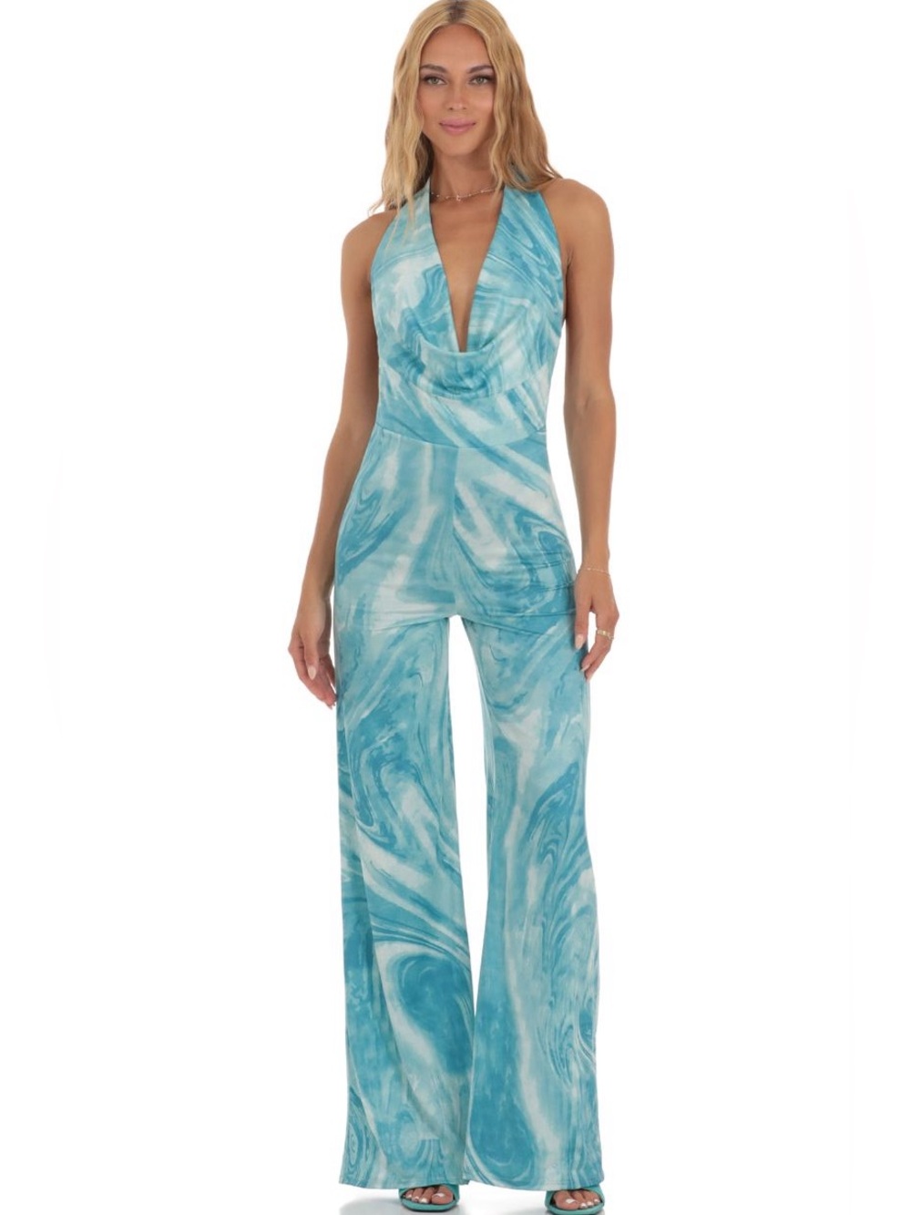 LUCY IN THE SKY- Drape open back jumpsuit in blue swirl 🌀